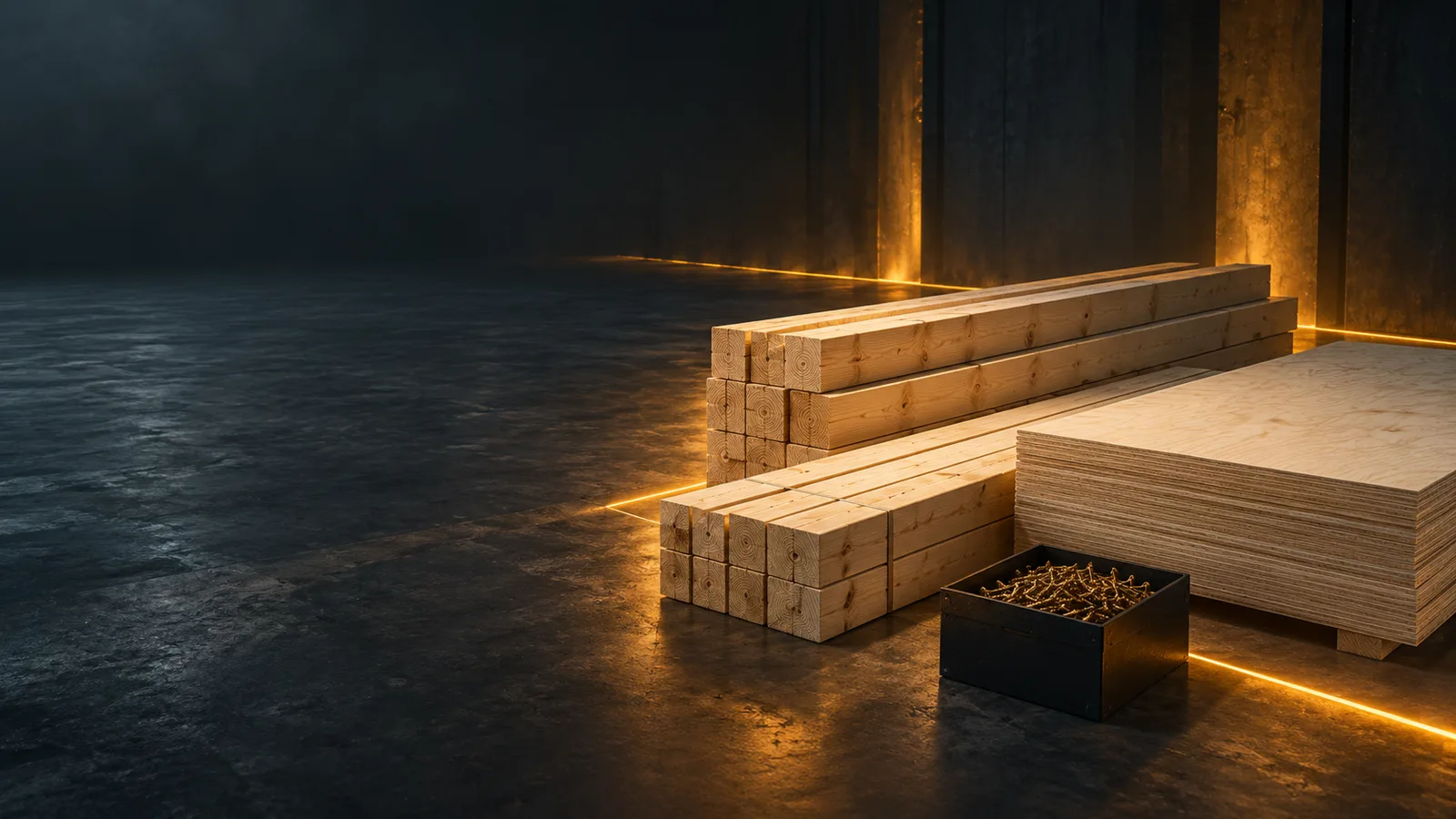 Illustrative studio composition of framing lumber, plywood and fasteners with an amber coordination line.