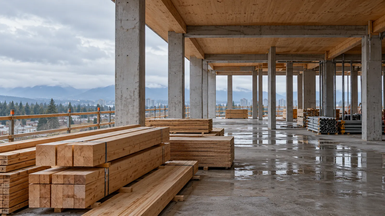 Illustrative construction scene with neatly staged timber and sheet materials beside unfinished structural columns.